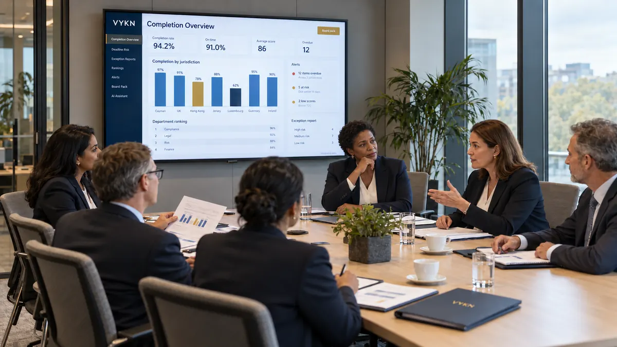 A board and compliance committee in a meeting, with the Completion Overview dashboard on the wall screen.