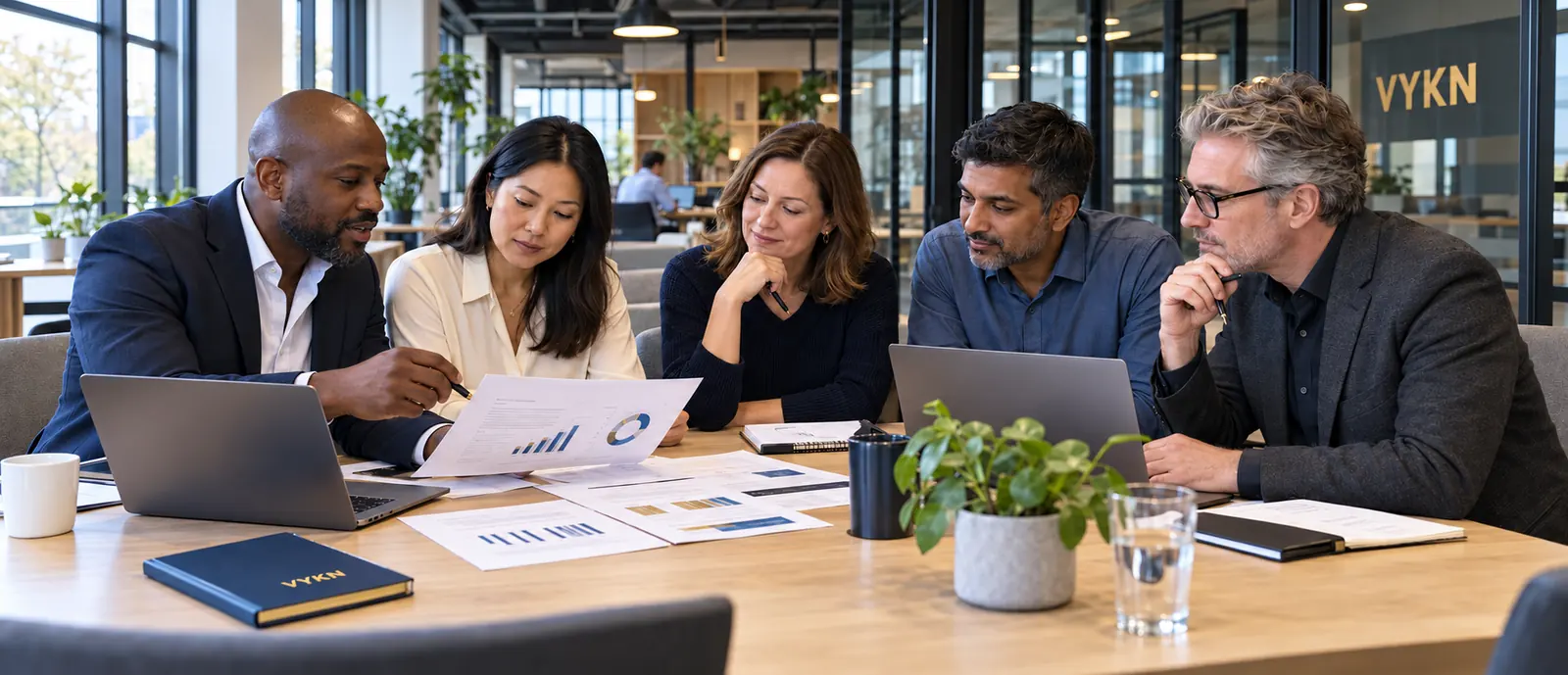 Five colleagues reviewing reports and laptops together around a table in an open-plan VYKN office.